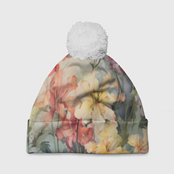 Шапка с помпоном Акварельные лилии, цвет: 3D-белый