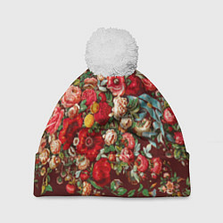 Шапка c помпоном Платок цветочный узор