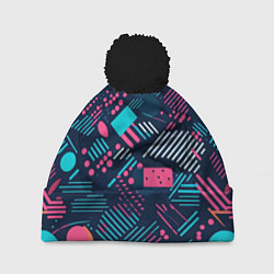 Шапка с помпоном Абстракция синяя паттерн, цвет: 3D-черный