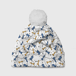 Шапка с помпоном Синие и желтые шахматные фигуры на белом фоне, цвет: 3D-белый