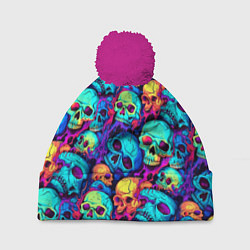 Шапка с помпоном Яркие кислотные черепа, цвет: 3D-малиновый