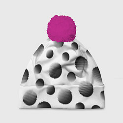 Шапка с помпоном Черные полосатые шары на белом, цвет: 3D-малиновый