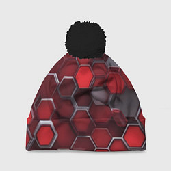 Шапка с помпоном Cyber hexagon red, цвет: 3D-черный