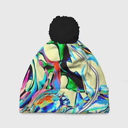 Шапка с помпоном Яркие абстрактные разводы, цвет: 3D-черный