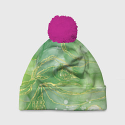 Шапка с помпоном Абстрактный зеленый мрамор с золотым, цвет: 3D-малиновый