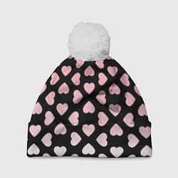 Шапка с помпоном Розовые сердечки на чёрном, цвет: 3D-белый