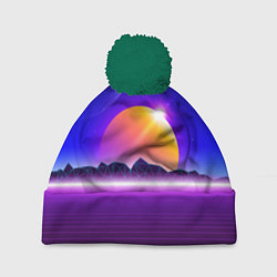 Шапка с помпоном Mountains - sun - space - vaporwave, цвет: 3D-зеленый