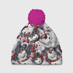 Шапка с помпоном Зимний паттерн со снеговиками, цвет: 3D-малиновый