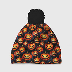 Шапка c помпоном Весёлые тыквы на Хеллоуин паттерн