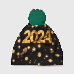 Шапка с помпоном Новый 2024 год - золотые снежинки, цвет: 3D-зеленый