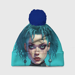 Шапка c помпоном Девушка панк с синими волосами