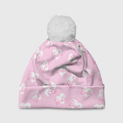 Шапка c помпоном Барби: белые сердца на розовом паттерн