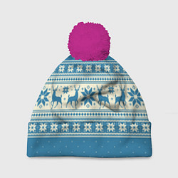 Шапка с помпоном Sweater with deer on a blue background, цвет: 3D-малиновый