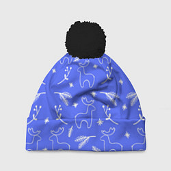 Шапка c помпоном Синий рождественский принт с оленями