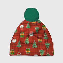 Шапка c помпоном Елочки и Санта - паттерн красная клетка