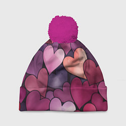 Шапка с помпоном Много акварельных сердец, цвет: 3D-малиновый