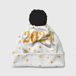 Шапка с помпоном Новый 2024 год - золотой, цвет: 3D-черный