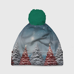 Шапка с помпоном Волшебство зимней природы иней на деревьях, цвет: 3D-зеленый