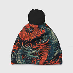 Шапка с помпоном Красный и серый дракон, цвет: 3D-черный