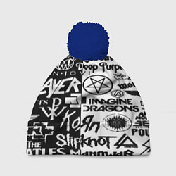 Шапка с помпоном Логотипы лучших групп черно белый, цвет: 3D-тёмно-синий