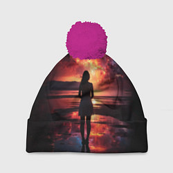 Шапка c помпоном Девушка на закате - космос