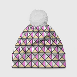 Шапка с помпоном Геометрический треугольники бело-серо-розовый, цвет: 3D-белый