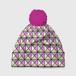 Шапка c помпоном Геометрический треугольники бело-серо-розовый