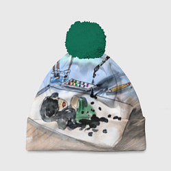 Шапка с помпоном Капли и портрет тушью, цвет: 3D-зеленый