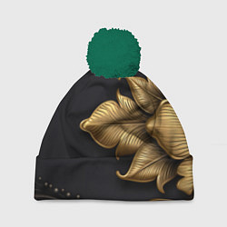 Шапка с помпоном Золотые объемные листья на черном фоне, цвет: 3D-зеленый