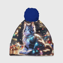 Шапка с помпоном Кот и новогодние украшения, цвет: 3D-тёмно-синий