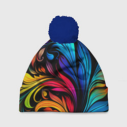Шапка с помпоном Паттерн с узорами на черном фоне, цвет: 3D-тёмно-синий
