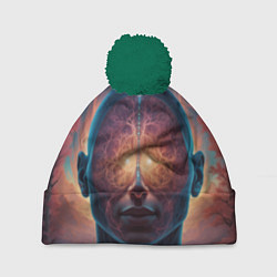 Шапка с помпоном Голова и розовые фракталы абстракция, цвет: 3D-зеленый