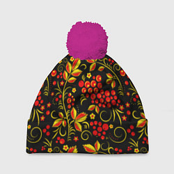 Шапка c помпоном Хохломская роспись золотистые листья чёрном фоне