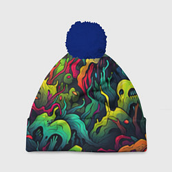 Шапка с помпоном Абстрактный камуфляж в кислотных абстрактных пятна, цвет: 3D-тёмно-синий