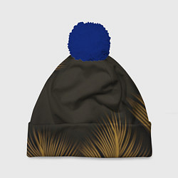 Шапка с помпоном Тонкие золотые листья на черном фоне, цвет: 3D-тёмно-синий