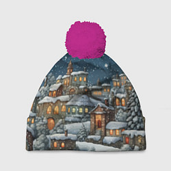 Шапка с помпоном Новогодний городок ночной, цвет: 3D-малиновый