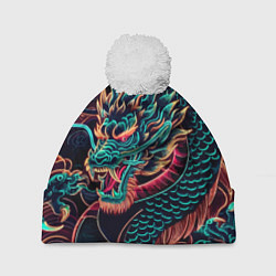 Шапка с помпоном Неоновое ирезуми японского дракона, цвет: 3D-белый