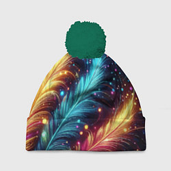 Шапка с помпоном Неоновые разноцветные перья, цвет: 3D-зеленый