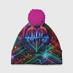 Шапка с помпоном Неоновое сердце - кардиограмма, цвет: 3D-малиновый