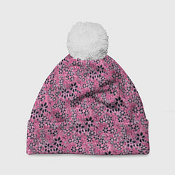 Шапка c помпоном Цветочный принт тёмно-розовый