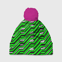 Шапка с помпоном Чёрно-зелёный линейный узор киберпанк, цвет: 3D-малиновый