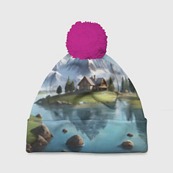 Шапка с помпоном Чудесный день на берегу озера в горах, цвет: 3D-малиновый