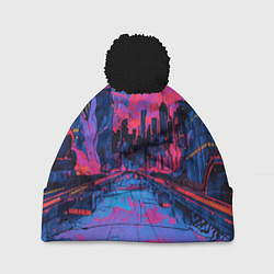 Шапка с помпоном Город в психоделических цветах, цвет: 3D-черный
