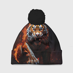 Шапка с помпоном Злой тигр в огне рычит и нападает, цвет: 3D-черный