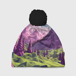 Шапка с помпоном Геометрический зеленый пейзаж и фиолетовые горы, цвет: 3D-черный