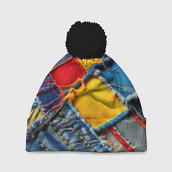 Шапка с помпоном Colorful denim patchwork - ai art, цвет: 3D-черный