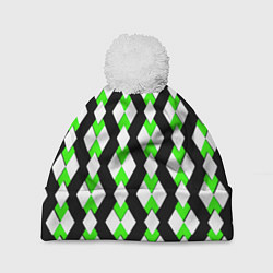 Шапка с помпоном Зелёные и белые ромбы на чёрном фоне, цвет: 3D-белый