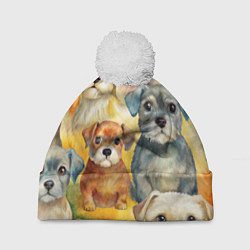 Шапка с помпоном Красочный паттерн с щенками, цвет: 3D-белый