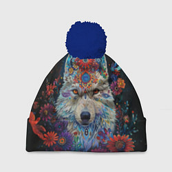 Шапка с помпоном Белый волк с цветами акварелью, цвет: 3D-тёмно-синий