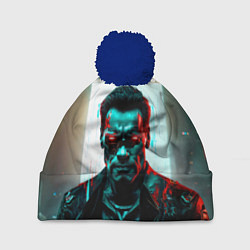 Шапка с помпоном Киберпанк портрет терминатора, цвет: 3D-тёмно-синий